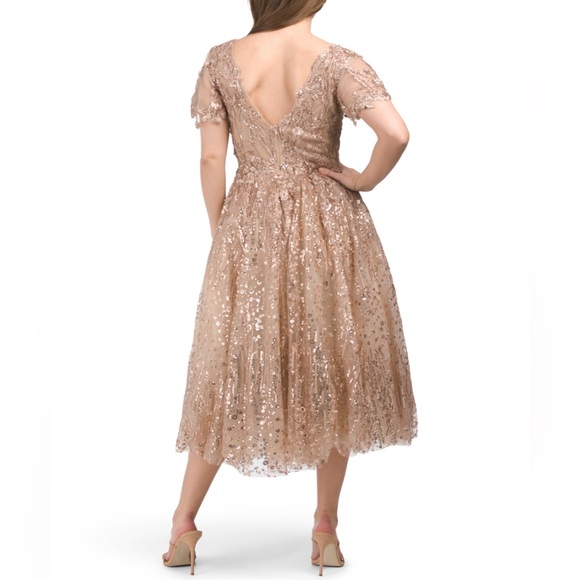 MAC DUGGAL V NECK SEQUIN EMBROIDERED FIT AND FLARE TAUPE MIDI DRESS - Picture 2 of 5